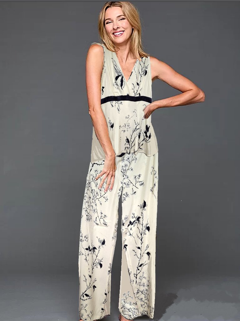 Julianna Rae 100% Mulberry Silk Pajama & Cami 3pc Set Sz Xl Ivory/Midnight Flora
